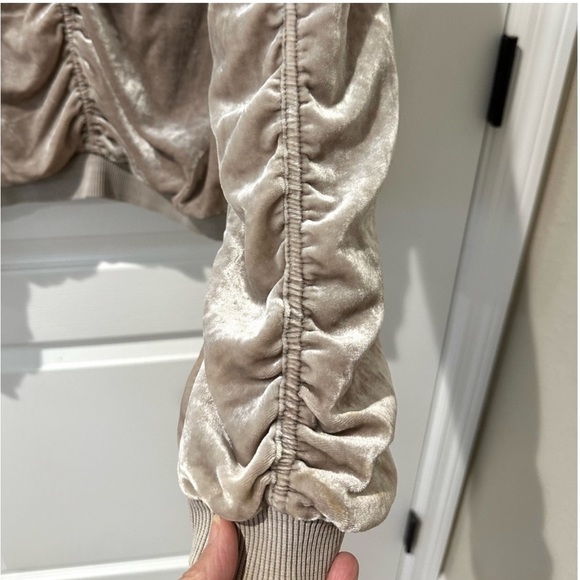 Free People Ruched Velvet Neutral Bomber Jacket. - Picture 13 of 14